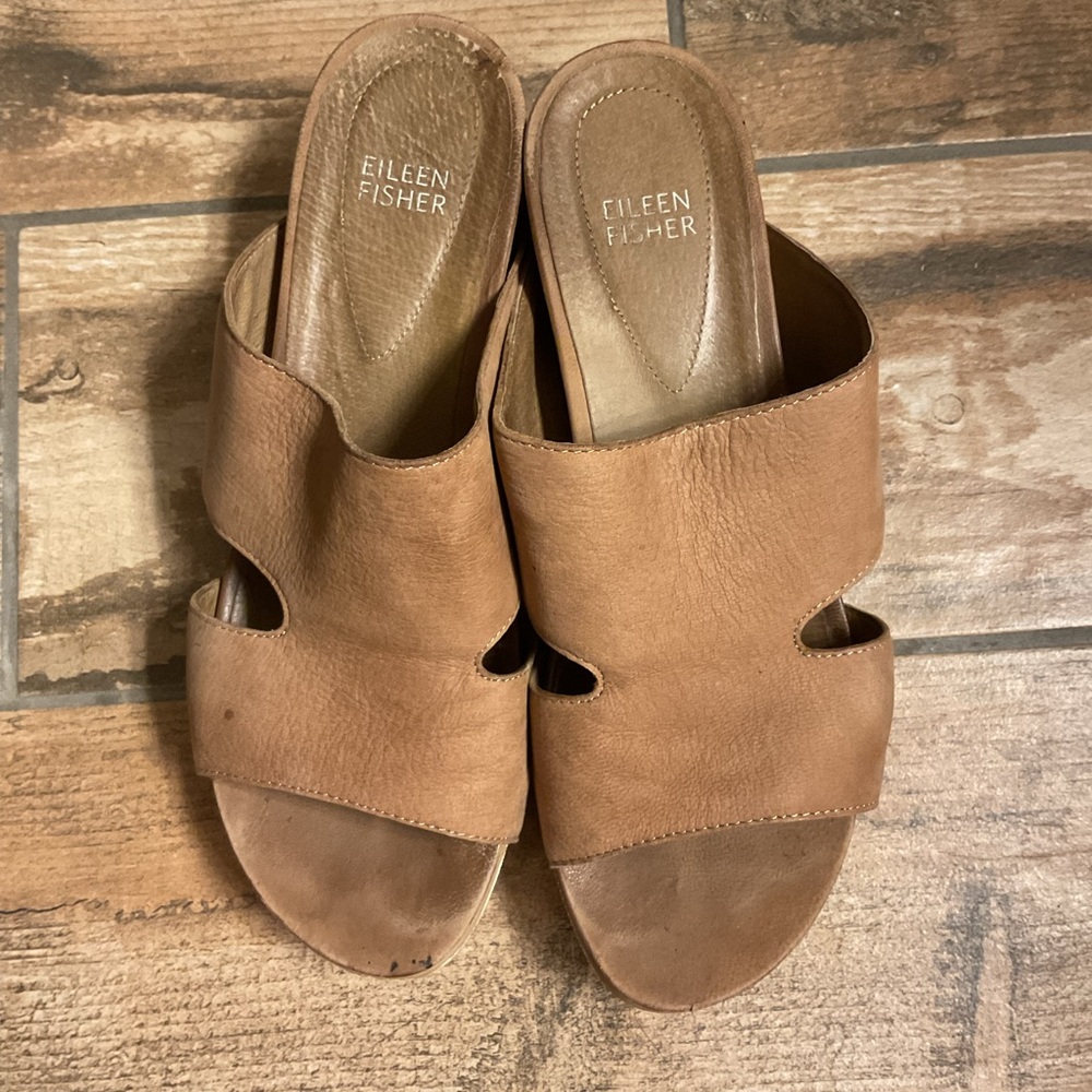 Preowned Eileen Fisher Grand Platform Suede Cut Out Sandals wms 8 in wheat - Picture 3 of 8